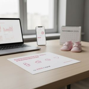 foto over zorgverzekering 2026 bij zwangerschap op een bureau met laptop, telefoon, kalender van november 2025 en roze babyschoentjes.