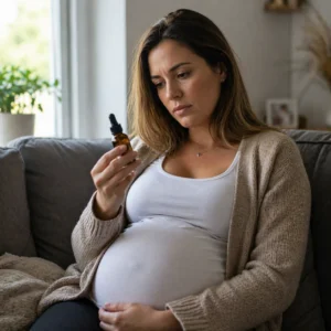 Zwangere vrouw houdt flesje CBD olie vast en twijfelt over gebruik