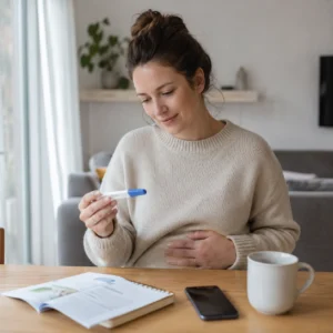 Zwangere vrouw bekijkt een zwangerschapstest aan tafel met telefoon en notitieboek erbij.