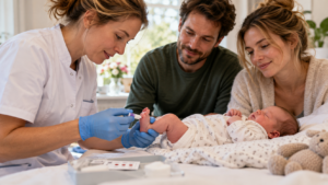 ouders bij baby die hielprik krijgt van dokter